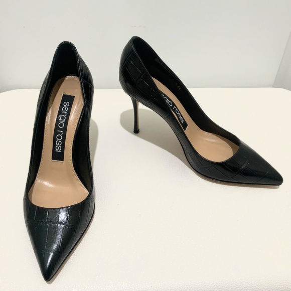 Sergio Rossi Black Croc Embossed Leather Pointed Toe Pumps Stiletto heel Shoes - Picture 8 of 16